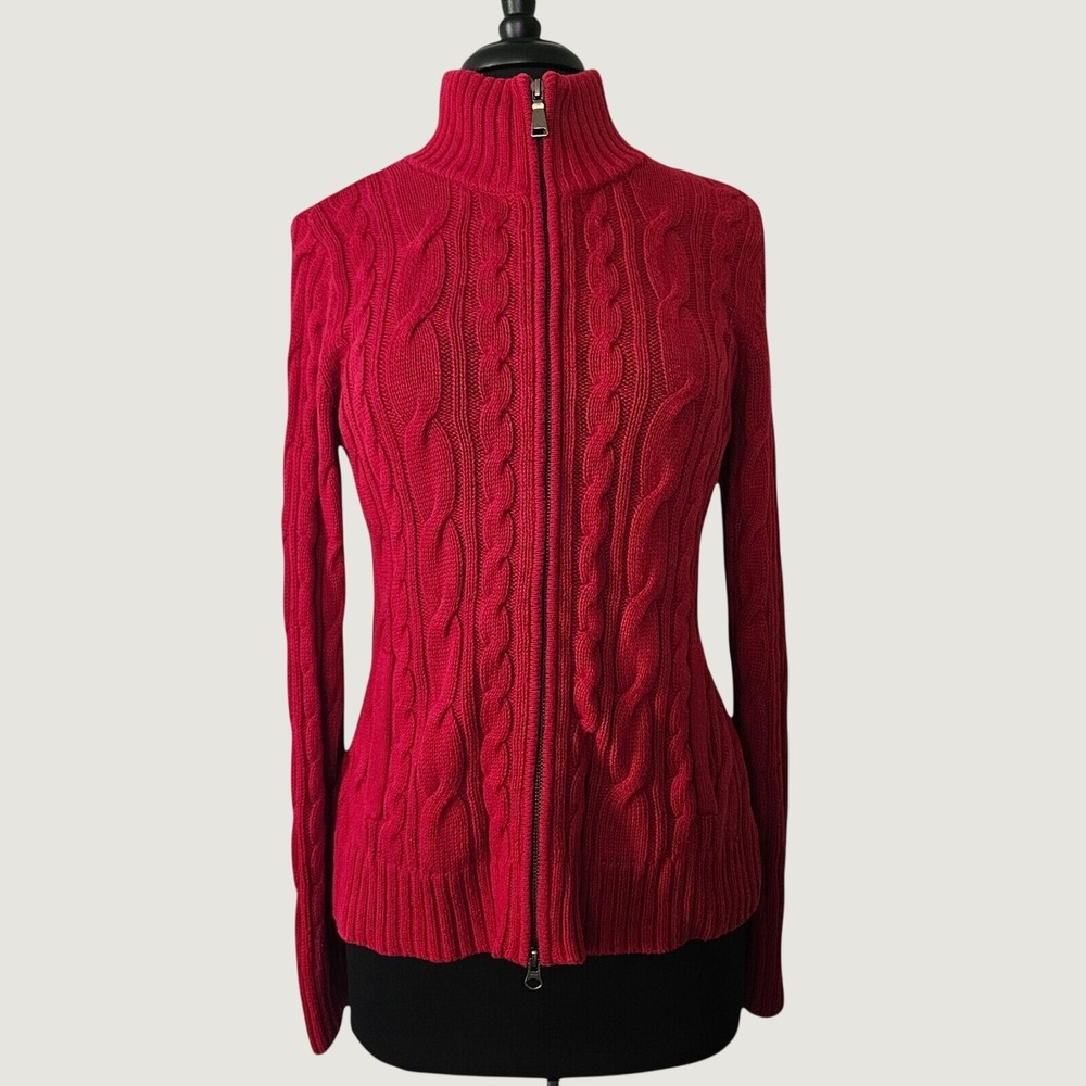 Cable Knit Sweater Women Zip up Wool Cotton Size Medium
